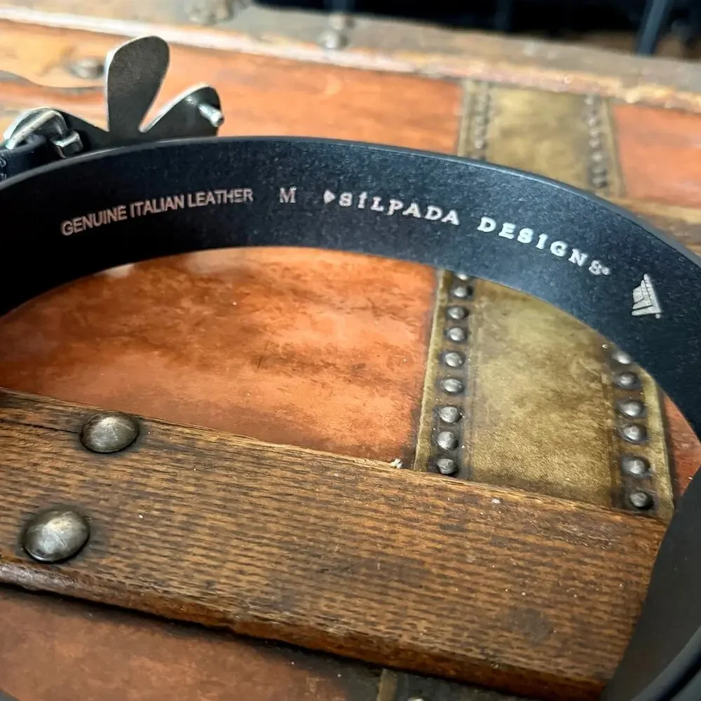 Silpada Black Leather Flower Belt Size with Silver Metal Flower Buckle